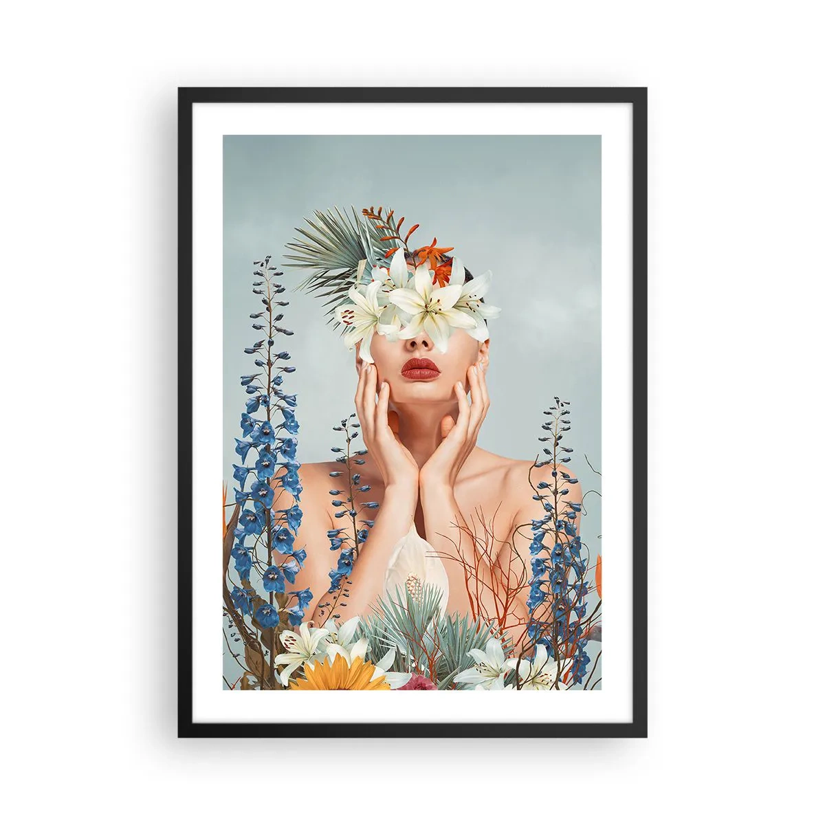 Plagát v čiernom ráme - Žena obklopená kvetmi v surrealistickej kompozícii - 50x70cm - Žena – kvetina - Moderná nástenná dekorácia do obývacej izby a spálne ARTTOR