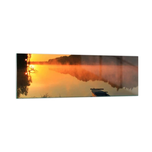 Obraz na skle - Východ slnka pri vode ako povrch zrkadla - 160x50 cm