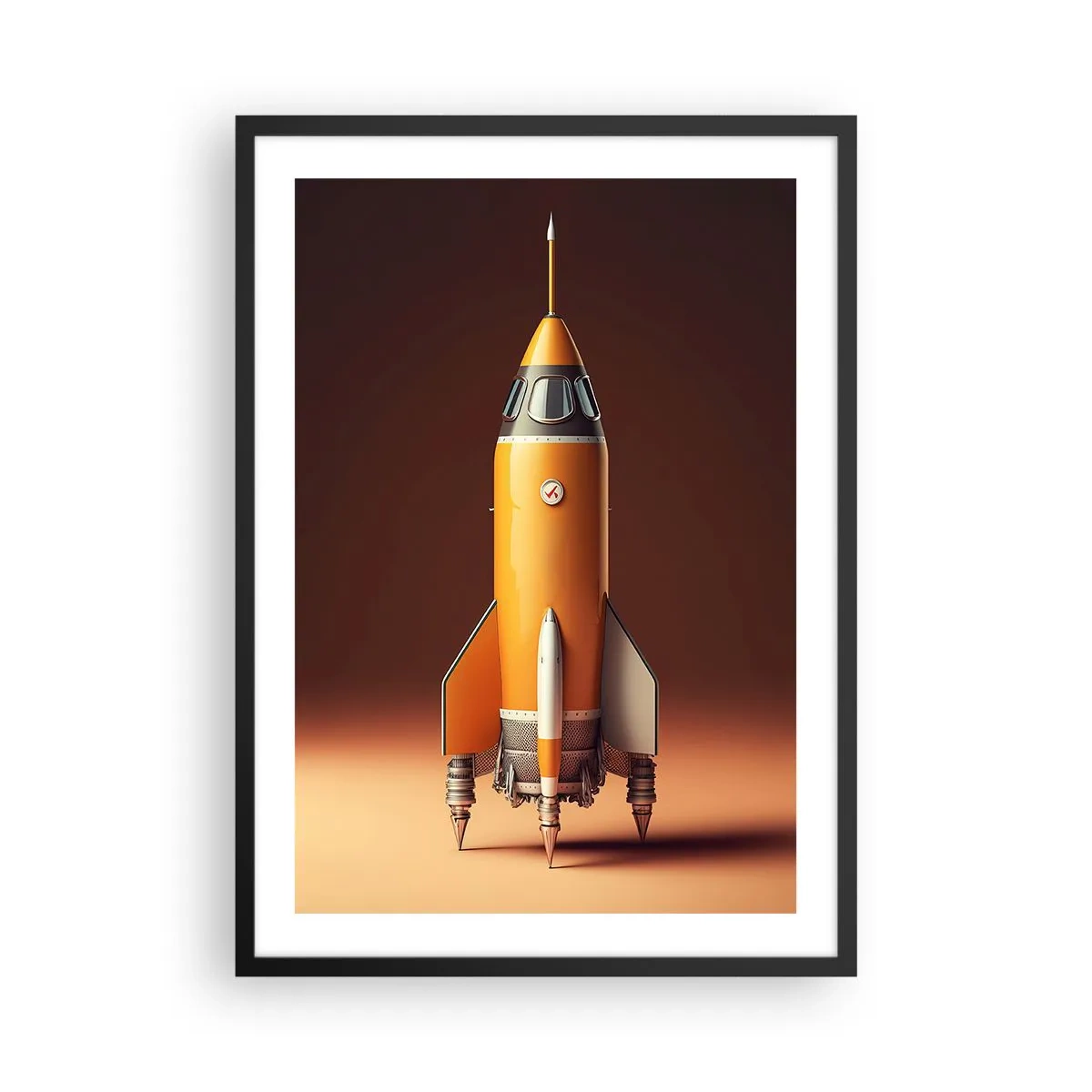 Plagát v čiernom ráme - Moderná vesmírna raketa na pozadí teplých farieb. - 50x70cm - Začína to snom - Moderná nástenná dekorácia do obývacej izby a spálne ARTTOR