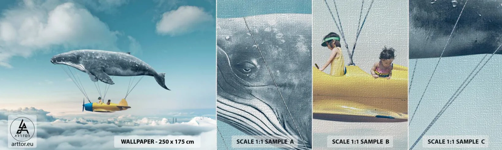 Vzorka fototapety Premium Canvas - Prečo by nie? - Veľryba, deti, Lietadlo - 100x30 cm