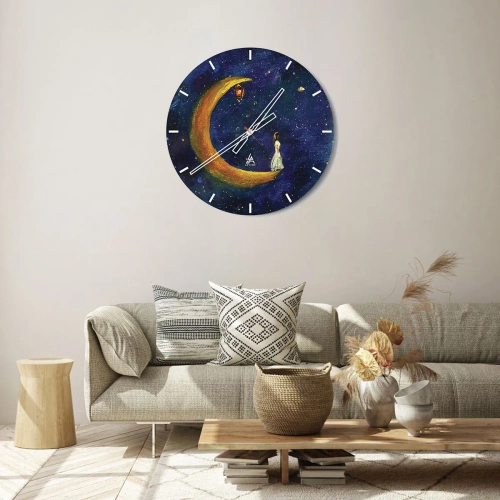 Nástenné hodiny - Postava na Mesiaci na rozprávkovej nočnej oblohe s lampášom - 30x30cm - Volanie sveta - Moderná nástenná dekorácia do obývacej izby, kuchyne a spálne ARTTOR