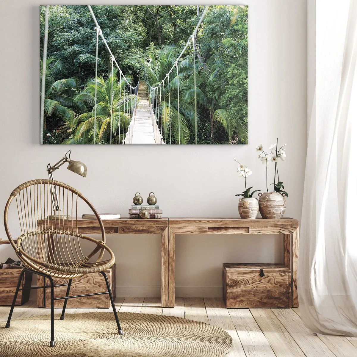 Obraz na plátne - Visutý most v tropickej džungli plnej zelene - 70x50cm - Welcome to the jungle! - Moderná nástenná dekorácia do obývacej izby a spálne ARTTOR