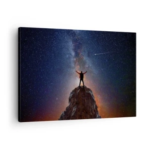 Obraz na plátne - Postava na vrchole hory pod hviezdnou oblohou - 70x50cm - Sila je so mnou! - Moderná nástenná dekorácia do obývacej izby a spálne ARTTOR