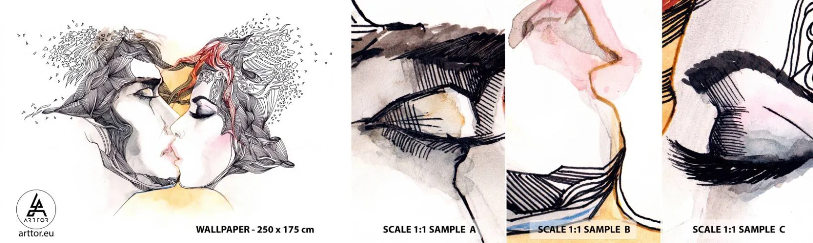 Vzorka samolepiacej fototapety Deluxe Sticker - Svet neexistuje - Abstrakcia, Pár milencov, Bozk - 100x30 cm