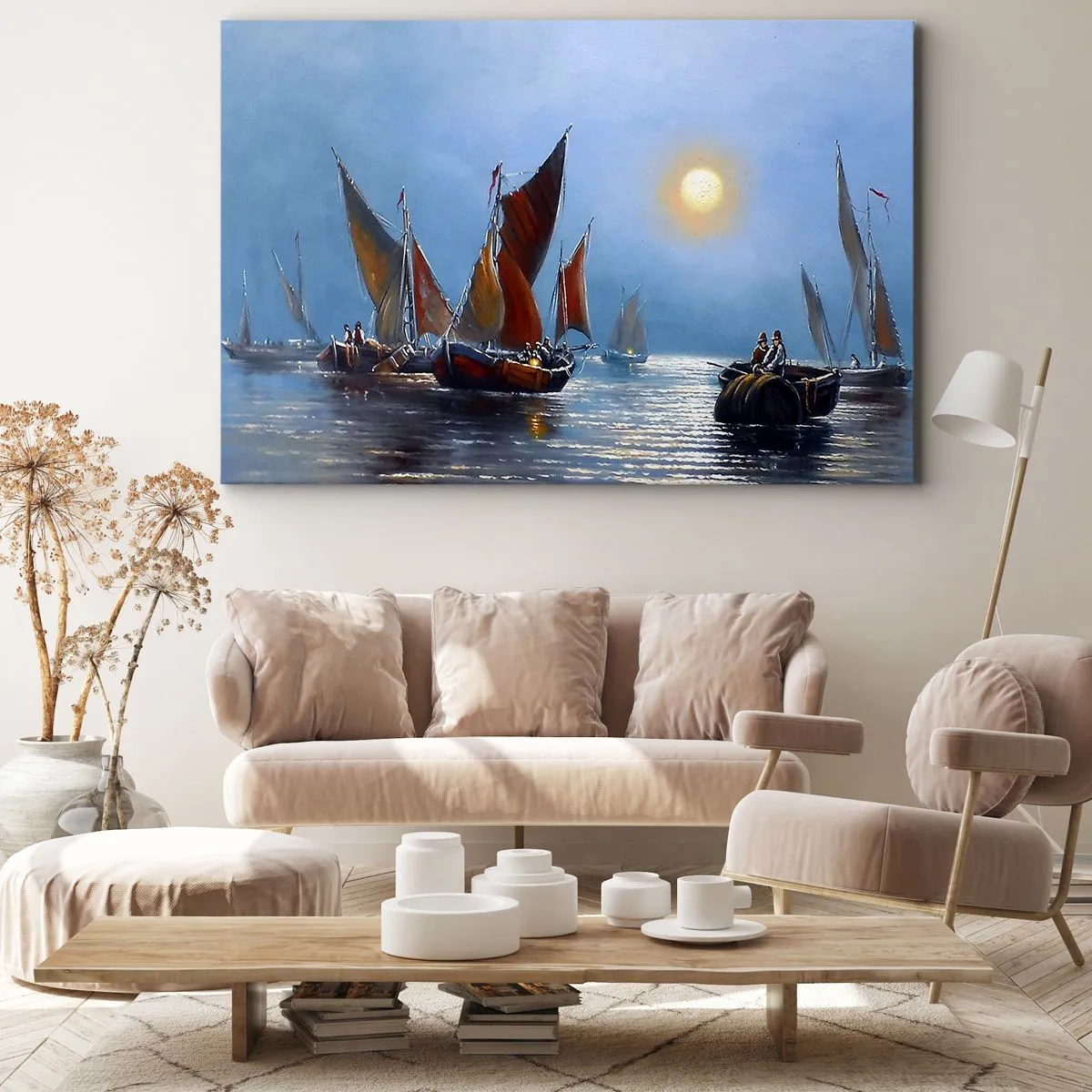 Obraz na plátne - Lode s plachtami na pokojnej vode pri západe slnka - 70x50cm - Nočný rybolov - Moderná nástenná dekorácia do obývacej izby a spálne ARTTOR