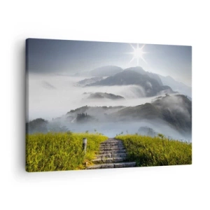 Obraz na plátne - Kamenné schody vedúce cez hory zahalené v rannej hmle - 70x50cm - Stále hore k oblakom - Moderná nástenná dekorácia do obývacej izby a spálne ARTTOR