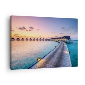 Obraz na plátne - Mólo vedúce k chatkám na nábreží pri západe slnka - 70x50cm - Prázdniny - návrat k prameňom - Moderná nástenná dekorácia do obývacej izby a spálne ARTTOR