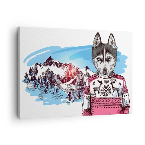Obraz na plátne - Vlk v zimnom svetri na pozadí horskej krajiny - 70x50cm - Vlk v ovčom rúne - Moderná nástenná dekorácia do obývacej izby a spálne ARTTOR