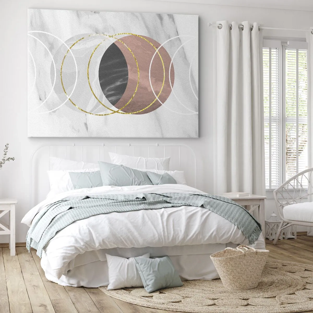 Obraz na plátne - Abstraktná geometrická kompozícia s kruhmi a kovovými detailmi - 70x50cm - Hudba sfér - Moderná nástenná dekorácia do obývacej izby a spálne ARTTOR