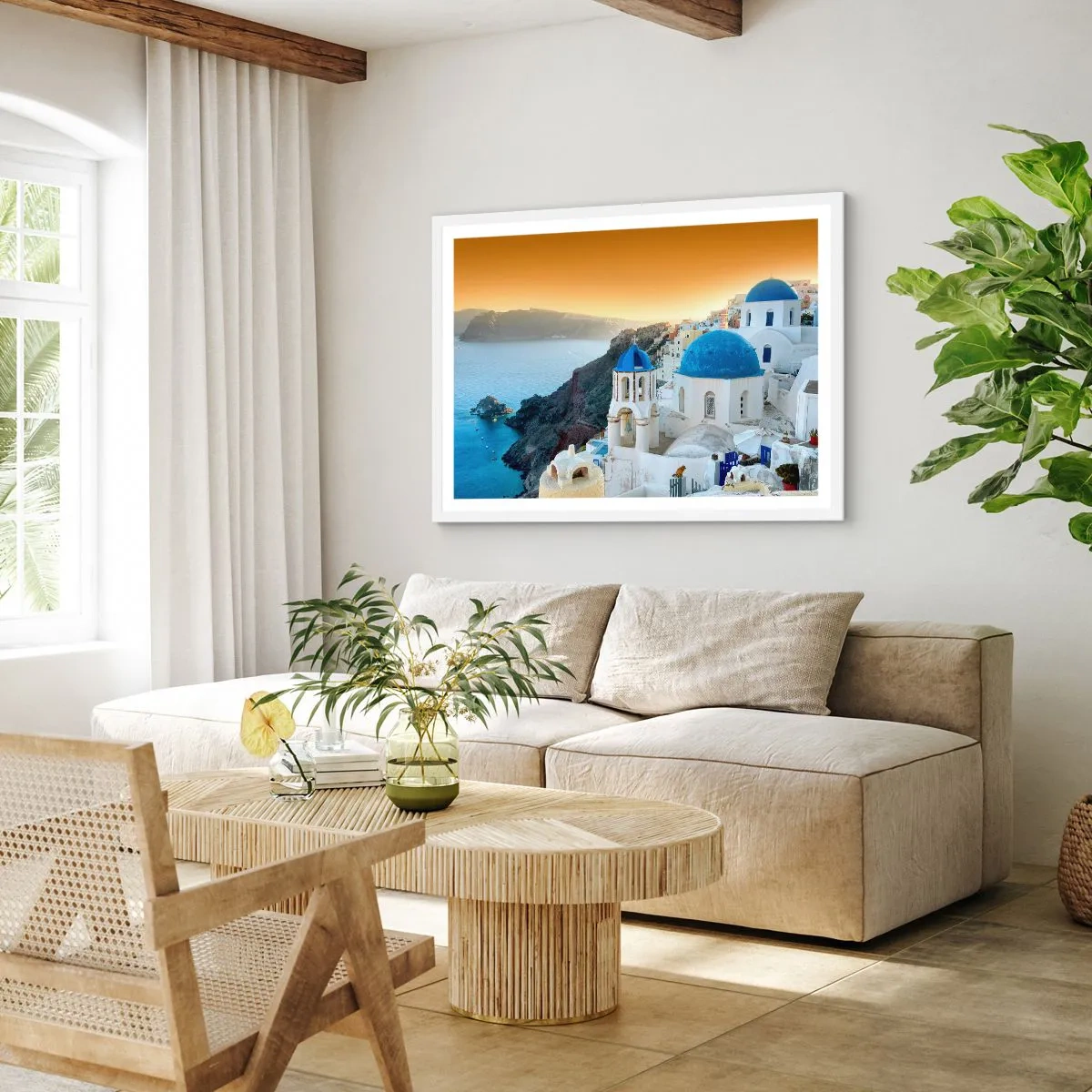 Plagát v bielom ráme - Santorini - v náruči skál - 70x50 cm