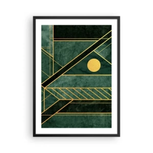Plagát v čiernom ráme - Geometrická abstrakcia v zelenej farbe so zlatými akcentmi - 50x70cm - Dynamika zlata a lazuritu - Moderná nástenná dekorácia do obývacej izby a spálne ARTTOR
