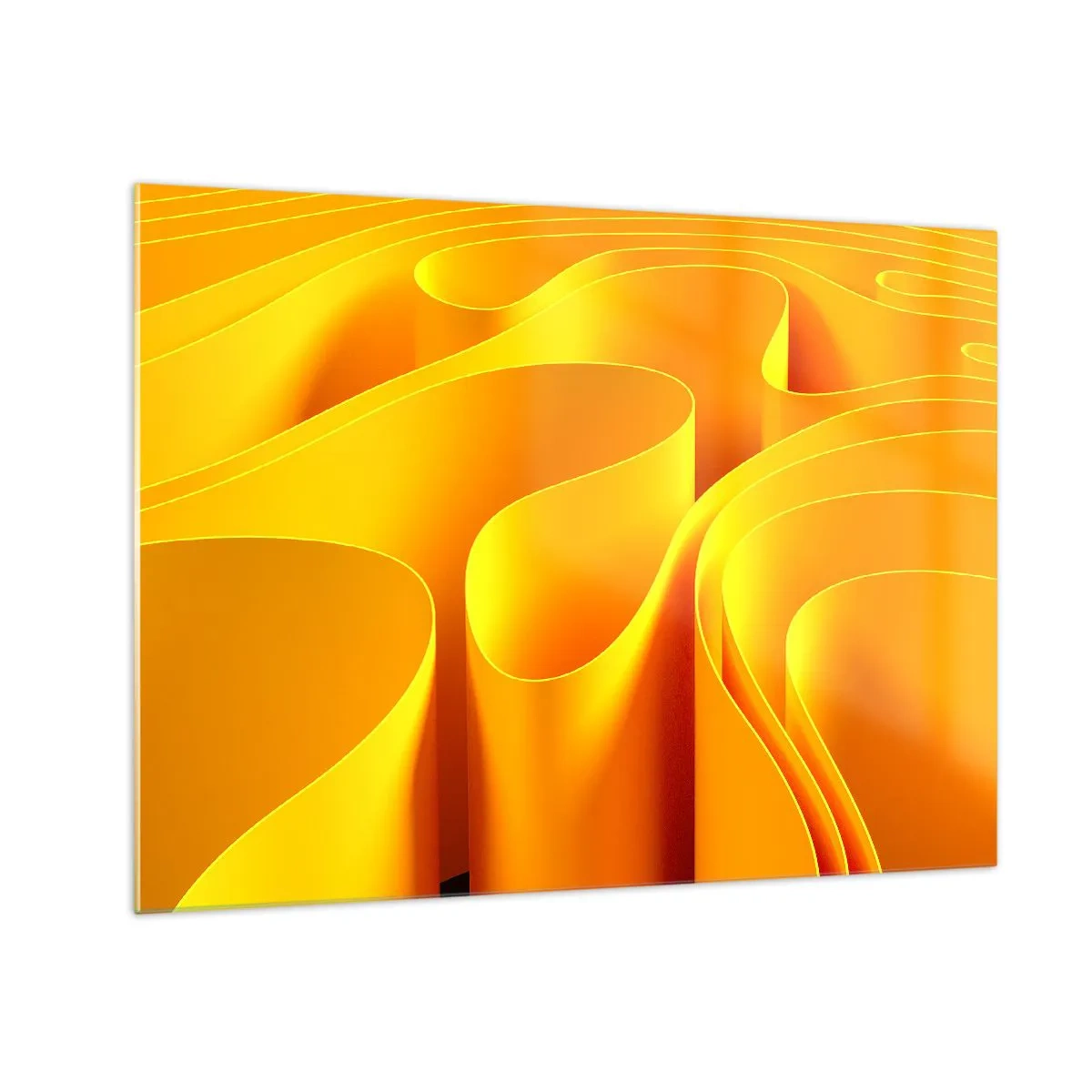 Obraz na skle - Abstraktné vlny v odtieňoch zlatej a oranžovej - 70x50cm - Ako slnečné vlny - Moderná nástenná dekorácia do obývacej izby a spálne ARTTOR