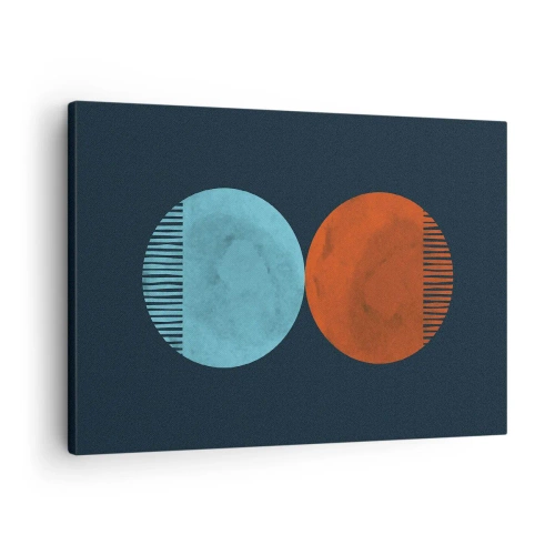 Obraz na plátne - Minimalistický dizajn dvoch koliesok v modrej a oranžovej farbe - 70x50cm - Iba geometria? - Moderná nástenná dekorácia do obývacej izby a spálne ARTTOR