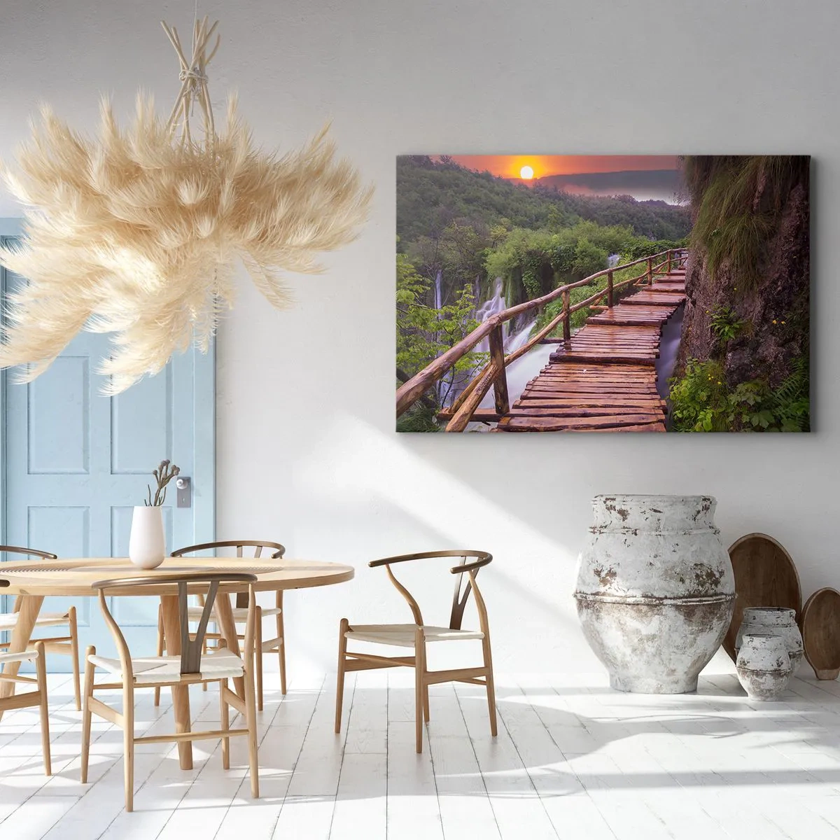 Obraz na plátne - Most s výhľadom na vodopády pri západe slnka - 70x50cm - Neuveriteľná krása - Moderná nástenná dekorácia do obývacej izby a spálne ARTTOR
