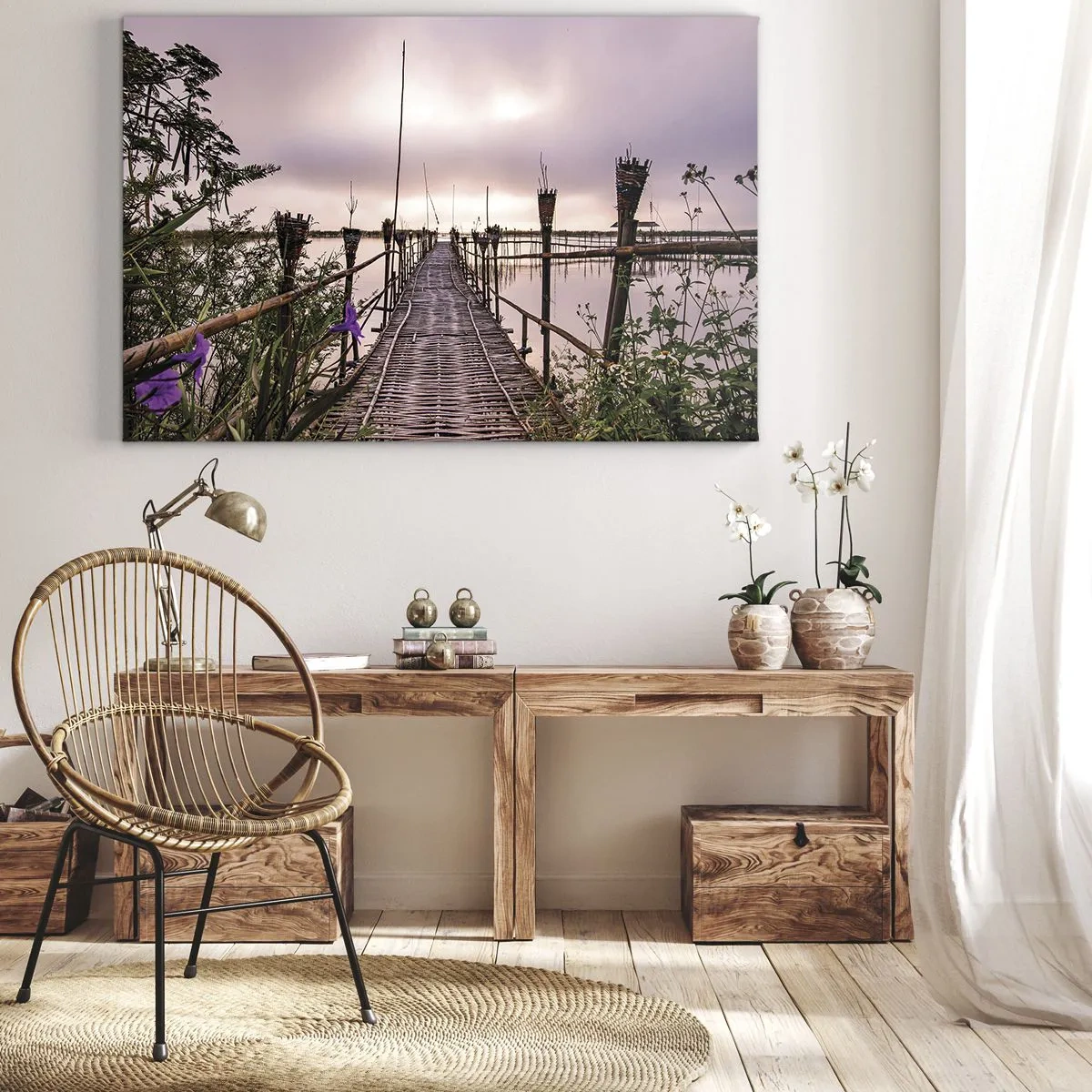 Obraz na plátne - Bambusový most cez vodu za úsvitu - 70x50cm - Pokoj a pohoda Ázie - Moderná nástenná dekorácia do obývacej izby a spálne ARTTOR