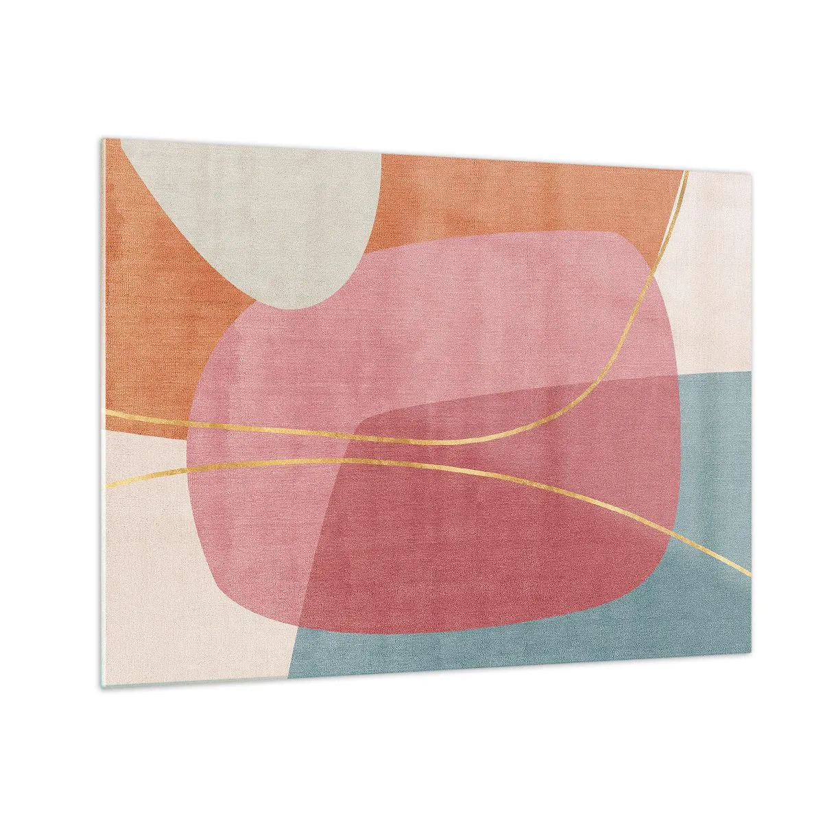 Obraz na skle - Pastelové tvary s pretínajúcimi sa zlatými čiarami - 70x50cm - Pastelová kompozícia so zlatou niťou - Moderná nástenná dekorácia do obývacej izby a spálne ARTTOR