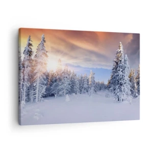 Obraz na plátne - Zimná krajina so zasneženým lesom pri západe slnka - 70x50cm - Snežné predstavenie prírody - Moderná nástenná dekorácia do obývacej izby a spálne ARTTOR