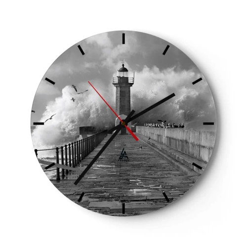 Nástenné hodiny - Maják na pozadí rozbúrených vĺn a čajok - 30x30cm - Nebojácna - Moderná nástenná dekorácia do obývacej izby, kuchyne a spálne ARTTOR