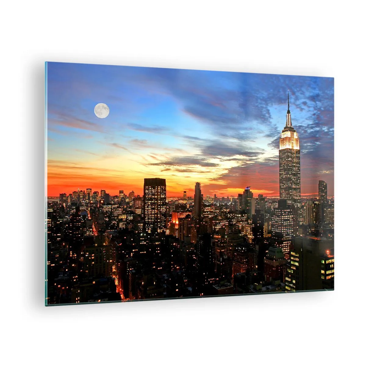 Obraz na skle - Nočná panoráma mesta s osvetlenými budovami - 70x50cm - Žiarivá americká noc  - Moderná nástenná dekorácia do obývacej izby a spálne ARTTOR