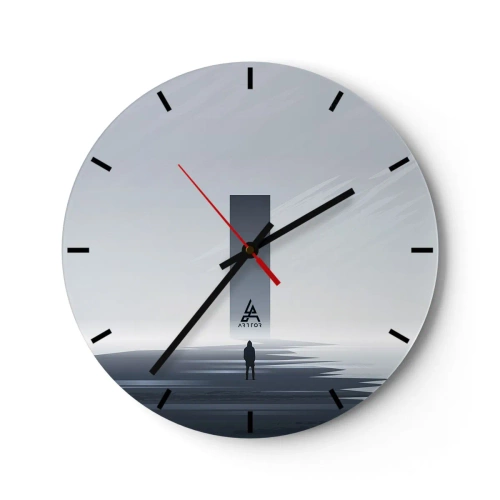 Nástenné hodiny - Minimalistická krajina s figúrou a geometrickým tvarom - 30x30cm - Príležitosť alebo hrozba? - Moderná nástenná dekorácia do obývacej izby, kuchyne a spálne ARTTOR