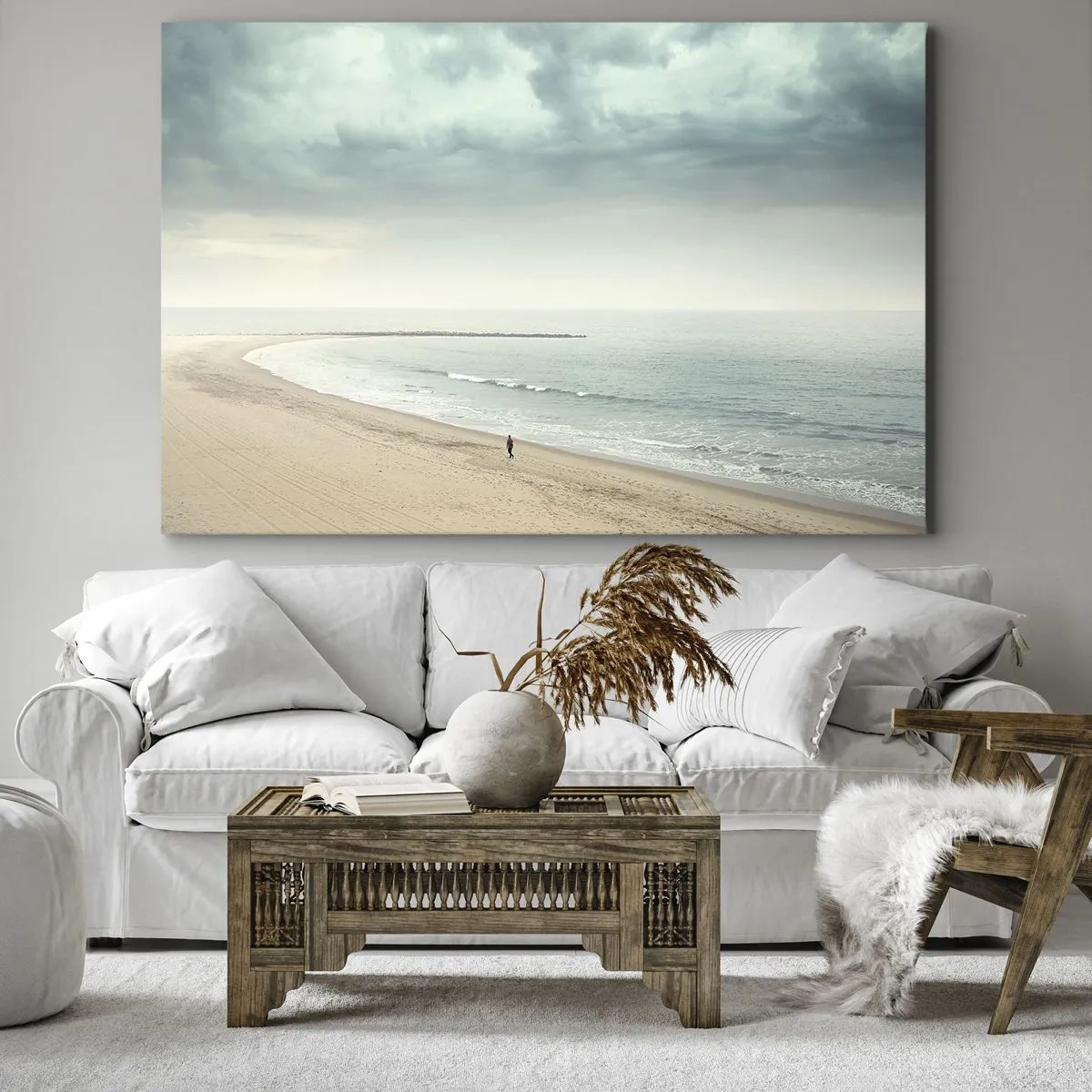 Obraz na plátne - Osamelá postava na opustenej pláži pri pokojnom mori - 70x50cm - Hľadám pokoj - Moderná nástenná dekorácia do obývacej izby a spálne ARTTOR