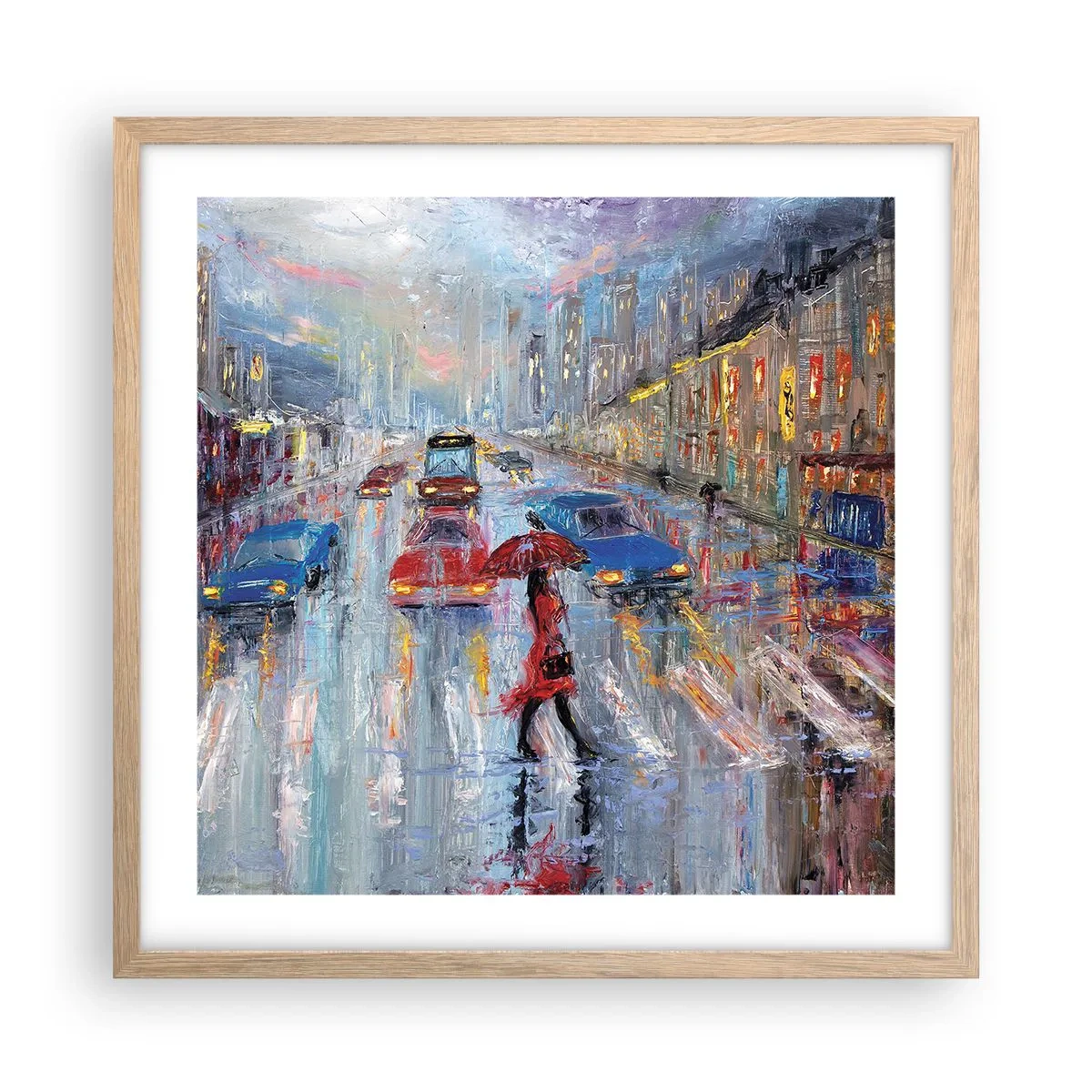 Plagát v ráme zo svetlého duba - Daždivé popoludnie v meste - 50x50 cm