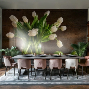 Fototapeta Standard Eco - Biele tulipány v sklenenej váze a zelené jablká na dreve - 100x70cm - Šťavnaté a čerstvé v zelenej a bielej - Moderná nástenná dekorácia do obývacej izby a spálne ARTTOR