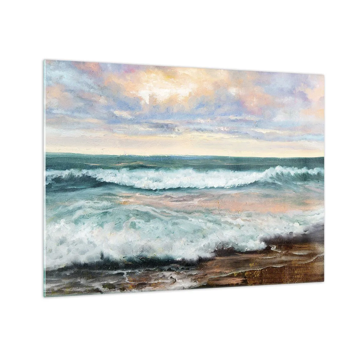 Obraz na skle - Maľba zobrazujúca vlny narážajúce na breh - 70x50cm - Tu uhladíš dušu - Moderná nástenná dekorácia do obývacej izby a spálne ARTTOR