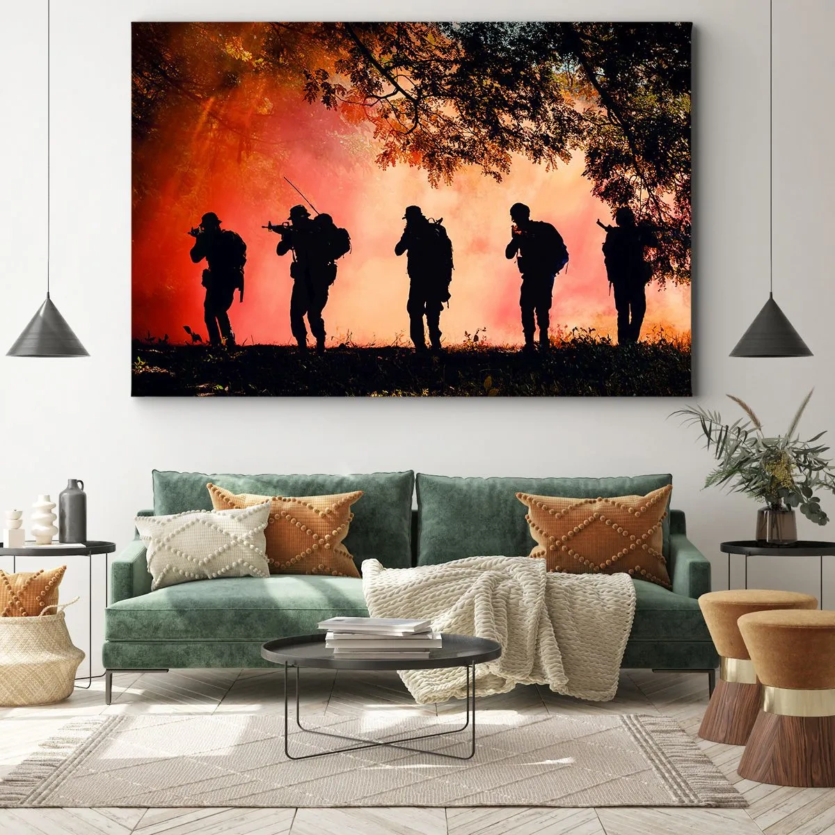 Obraz na plátne - Siluety vojakov v lese proti oranžovej oblohe - 70x50cm - …Všetci za jedného. - Moderná nástenná dekorácia do obývacej izby a spálne ARTTOR