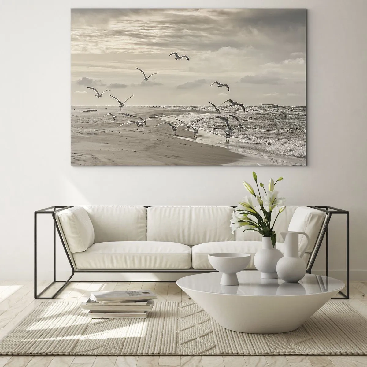 Obraz na skle - Vtáky na pobreží za úsvitu v sépiových tónoch - 70x50cm - Šumenie mora, spev vtákov - Moderná nástenná dekorácia do obývacej izby a spálne ARTTOR