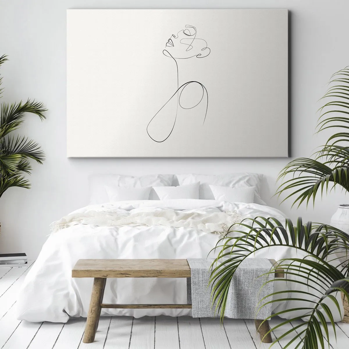 Obraz na plátne - Minimalistická linková grafika, náčrt tváre na bielom pozadí - 70x50cm - Zamotaná v snoch - Moderná nástenná dekorácia do obývacej izby a spálne ARTTOR
