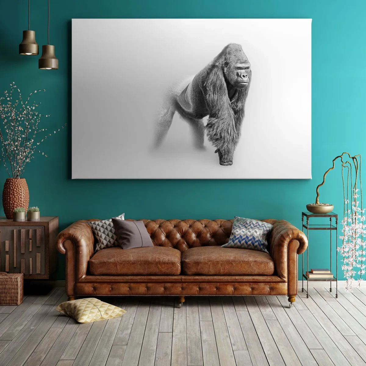 Obraz na plátne - Gorila v monochromatických tónoch na bielom pozadí - 70x50cm - Istý si svojou silou - Moderná nástenná dekorácia do obývacej izby a spálne ARTTOR