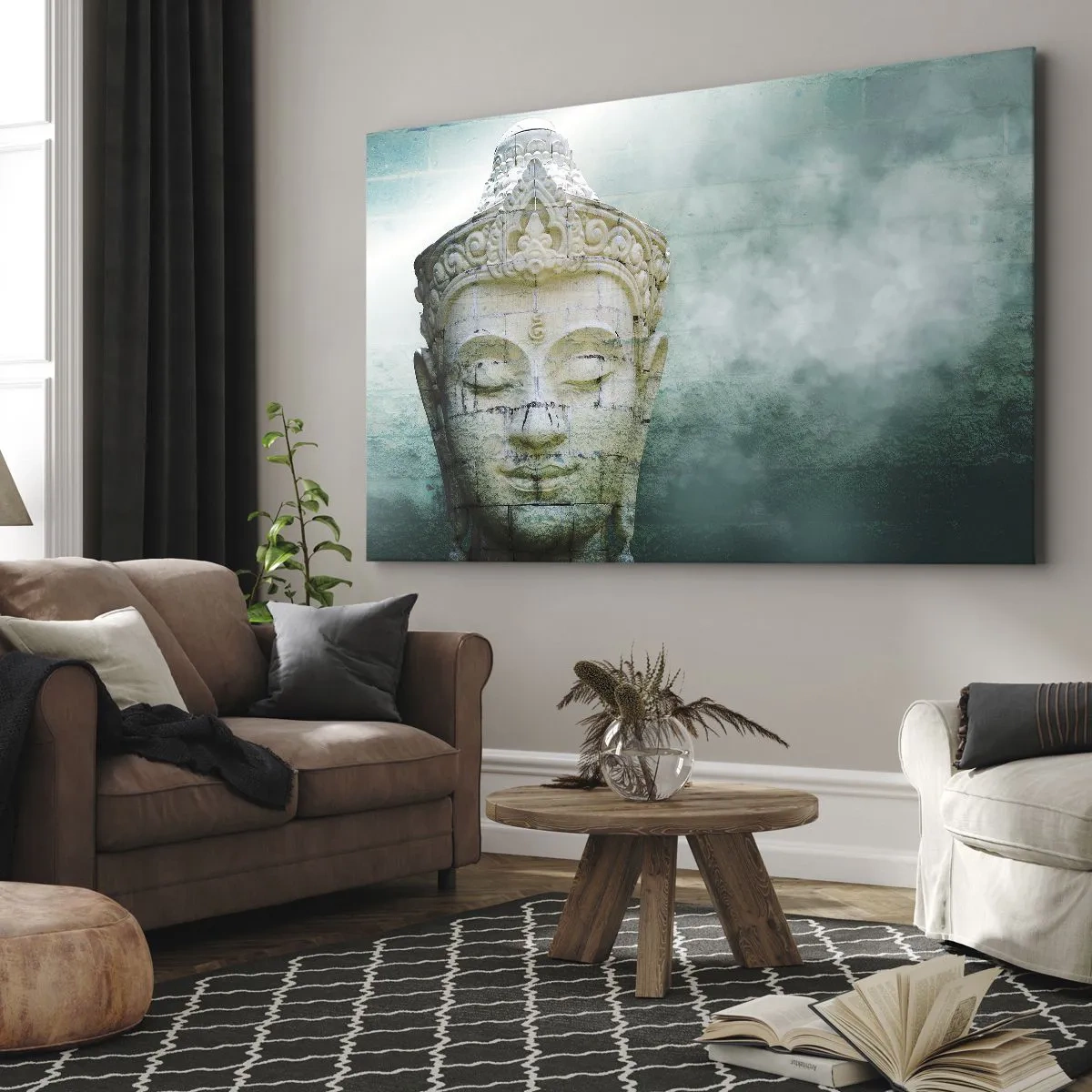 Obraz na plátne - Socha Budhu s jemnou hmlou na zelenom pozadí - 70x50cm - Hľadajúc svetlo - Moderná nástenná dekorácia do obývacej izby a spálne ARTTOR