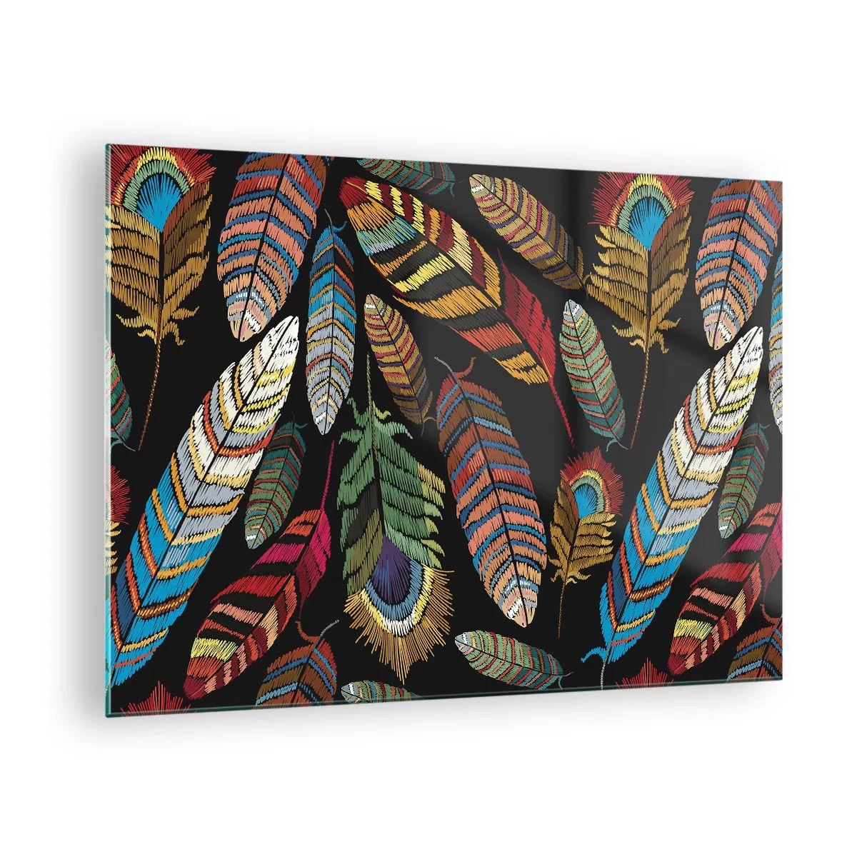 Obraz na skle - Farebné perie na tmavom pozadí v umeleckom vzore - 70x50cm - Vtáčí karneval - Moderná nástenná dekorácia do obývacej izby a spálne ARTTOR