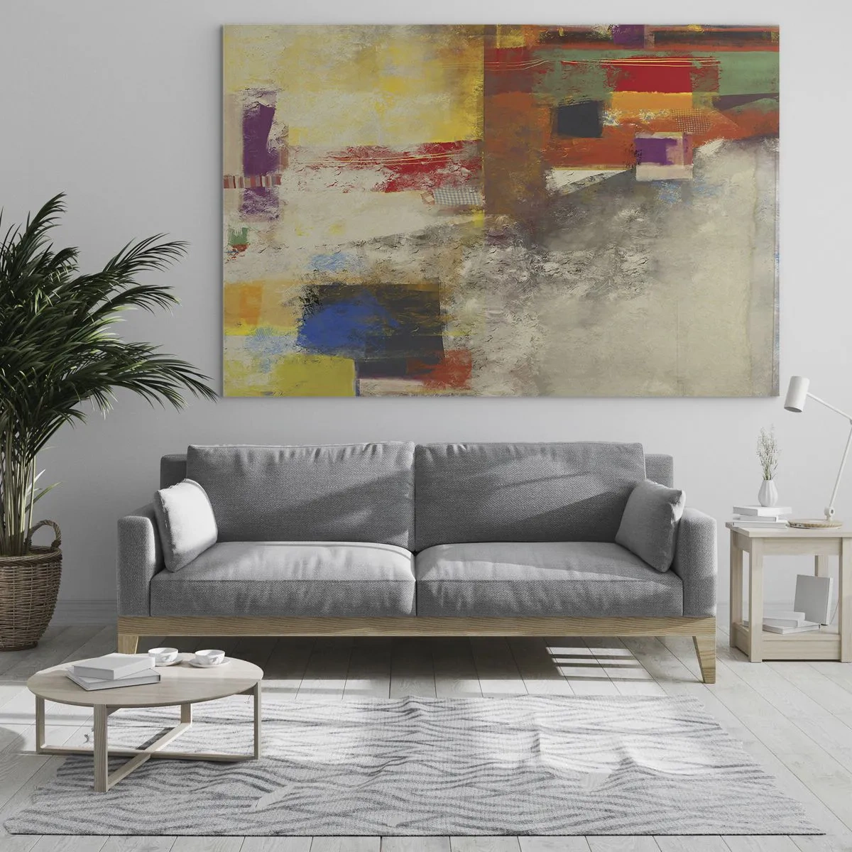 Obraz na skle - Farebná abstrakcia s geometrickými tvarmi - 70x50cm - Geometria farieb - Moderná nástenná dekorácia do obývacej izby a spálne ARTTOR