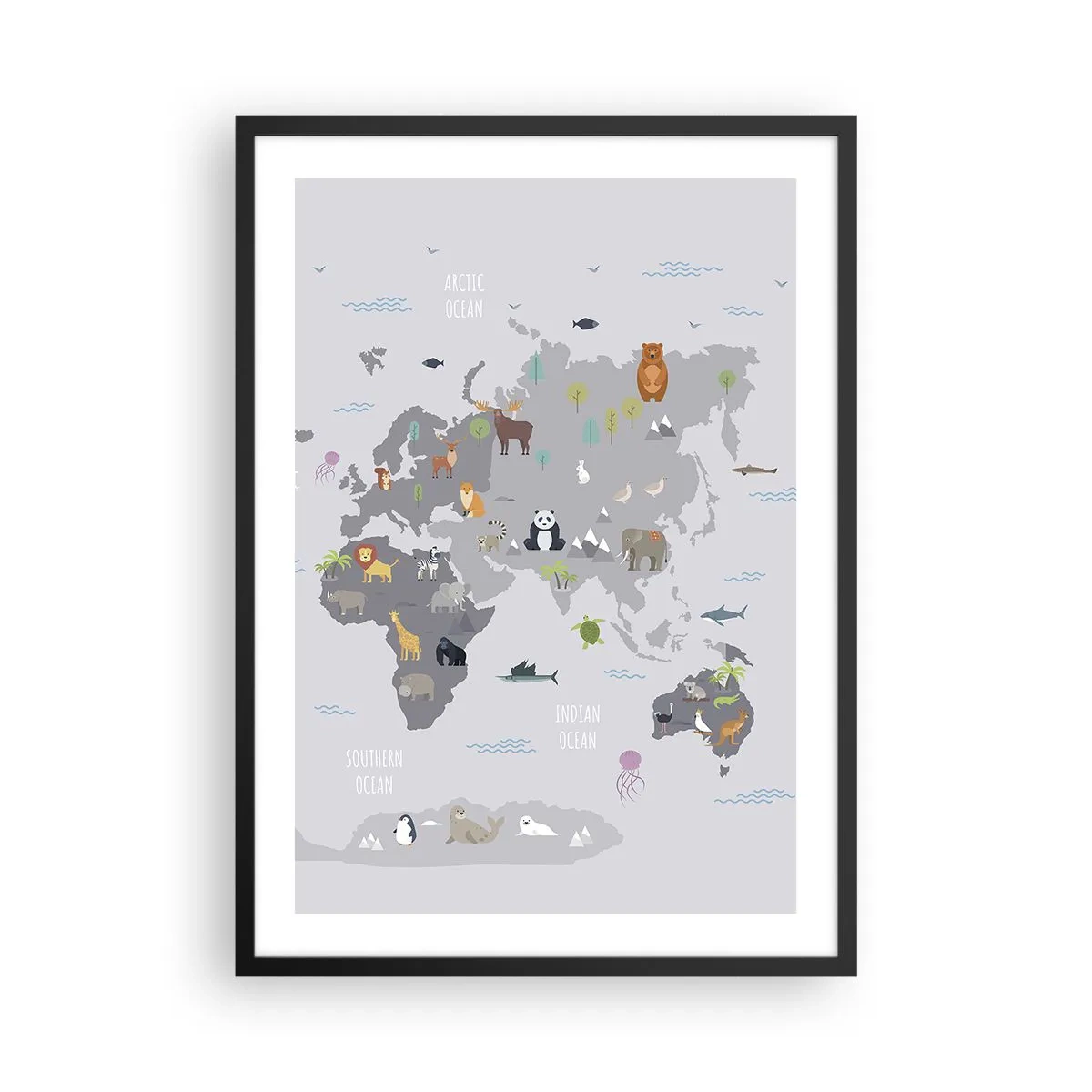 Plagát v čiernom ráme - Mapa sveta s farebnými zvieratkami pre deti - 50x70cm - Povedz mi, odkiaľ si... - Moderná nástenná dekorácia do obývacej izby a spálne ARTTOR