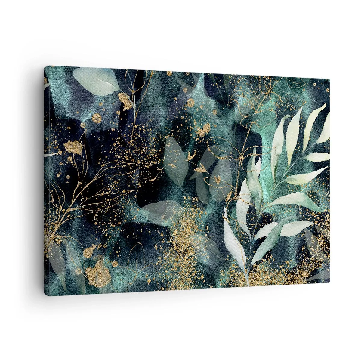 Obraz na plátne - Elegantné listy na tmavom pozadí so zlatými akcentmi - 70x50cm - Kúzelná záhrada - Moderná nástenná dekorácia do obývacej izby a spálne ARTTOR