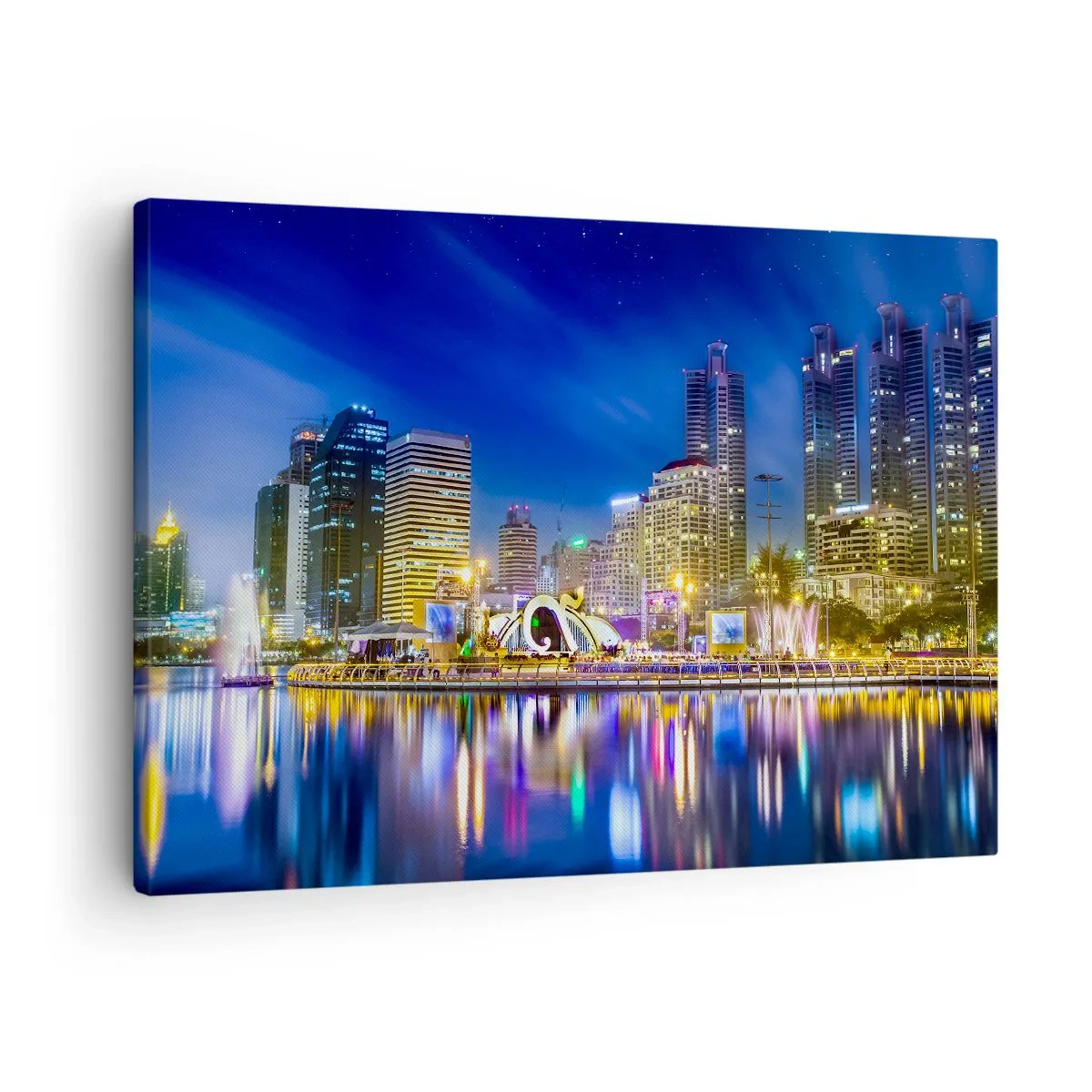 Obraz na plátne - Nočná panoráma mesta so svetlami odrážajúcimi sa na vode - 70x50cm - Dúhová noc metropoly - Moderná nástenná dekorácia do obývacej izby a spálne ARTTOR