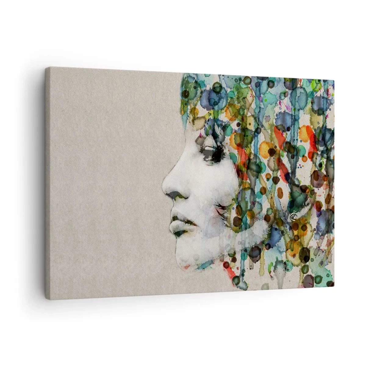 Obraz na plátne - Profil ženy v akvarelových farbách s abstraktným pozadím - 70x50cm - Vynorila sa zo šedej - Moderná nástenná dekorácia do obývacej izby a spálne ARTTOR