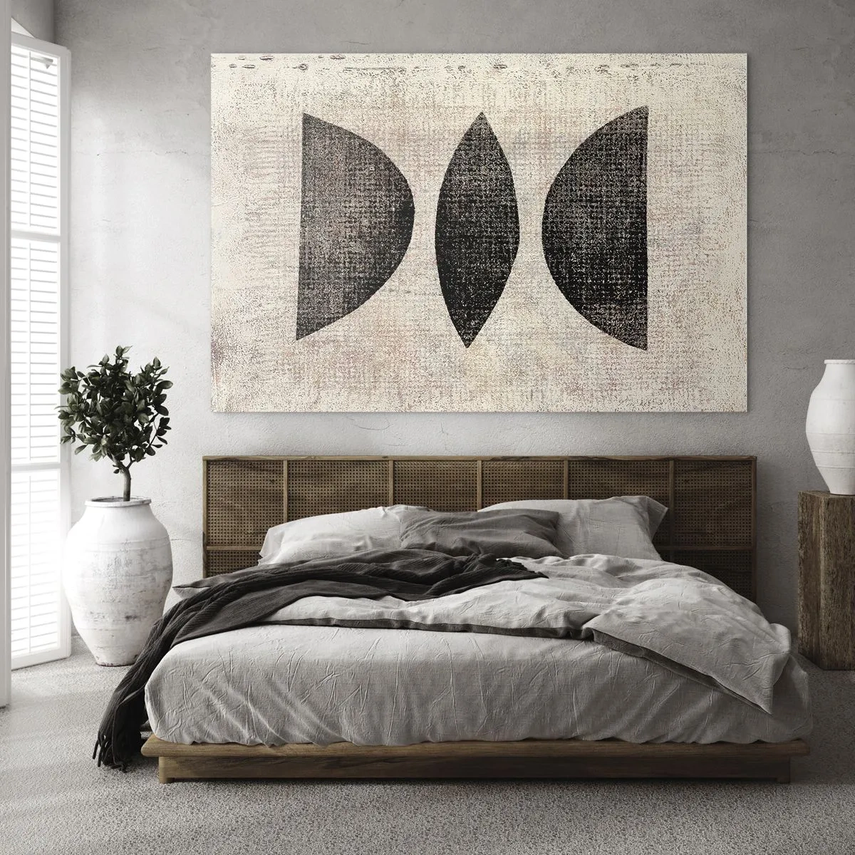 Obraz na skle - Čierne geometrické tvary na béžovom pozadí - 70x50cm - Etnická abstrakcia - Moderná nástenná dekorácia do obývacej izby a spálne ARTTOR