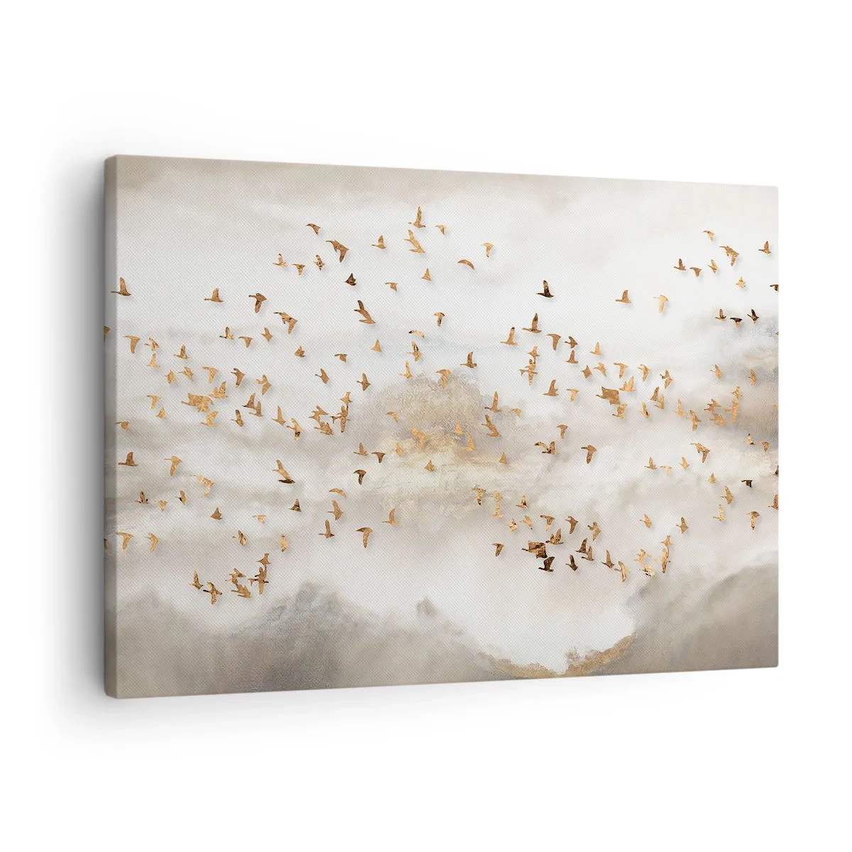 Obraz na plátne - Zlaté vtáky na pozadí hmlistých hôr - 70x50cm - Už je čas... - Moderná nástenná dekorácia do obývacej izby a spálne ARTTOR