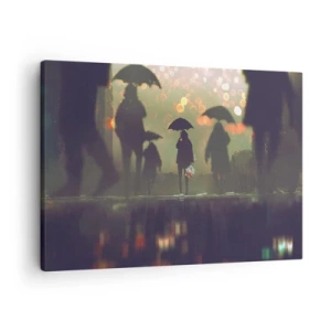 Obraz na plátne - Postava s dáždnikom v daždivý večer medzi svetlami mesta - 70x50cm - Z perspektívy kvapky dažďa - Moderná nástenná dekorácia do obývacej izby a spálne ARTTOR