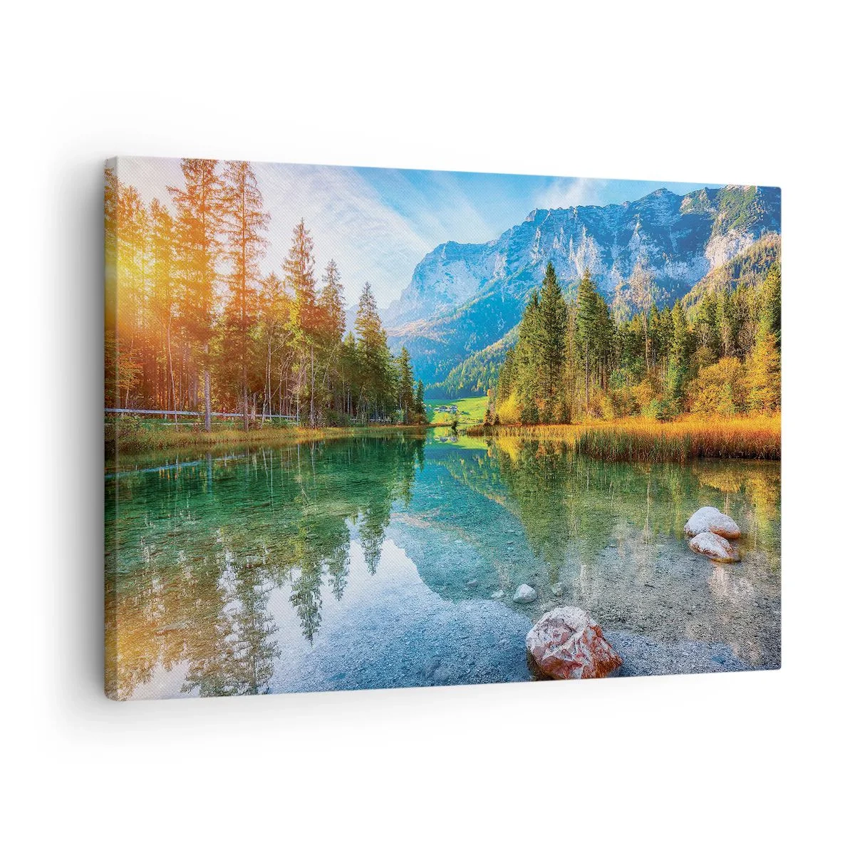 Obraz na plátne - Malebné jazero obklopené horami a lesmi - 70x50cm - Nežnosť jesene - Moderná nástenná dekorácia do obývacej izby a spálne ARTTOR