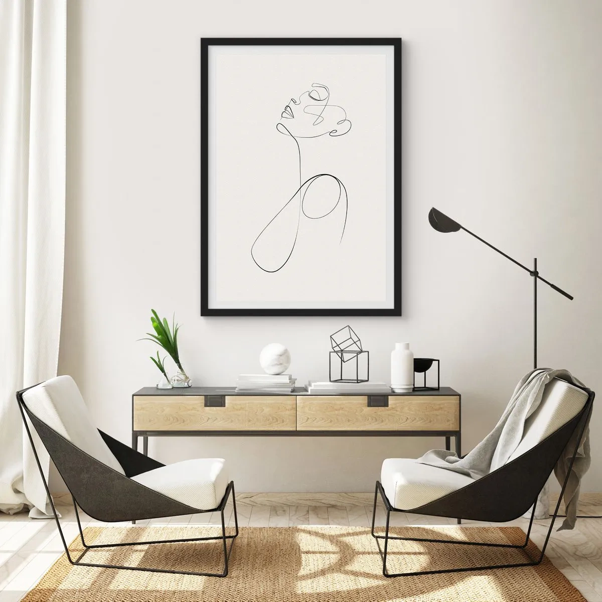 Plagát v čiernom ráme - Minimalistická línia vytvárajúca ženskú siluetu - 50x70cm - Zamotaná v snoch - Moderná nástenná dekorácia do obývacej izby a spálne ARTTOR