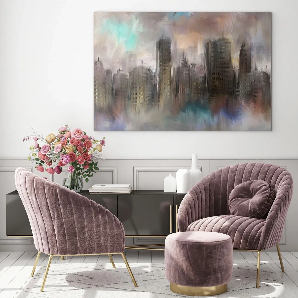 Obraz na skle - Abstraktný obraz mesta s mrakodrapmi - 70x50cm - Kompozícia z ocele, kameňa a hmly - Moderná nástenná dekorácia do obývacej izby a spálne ARTTOR