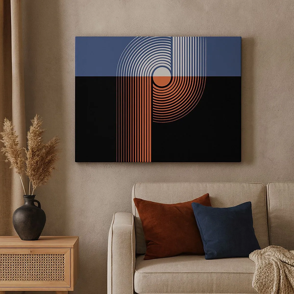 Obraz na plátne - Geometrická abstrakcia s čiarami v tmavomodrej a oranžovej farbe. - 70x50cm - V geometrickom objatí - Moderná nástenná dekorácia do obývacej izby a spálne ARTTOR