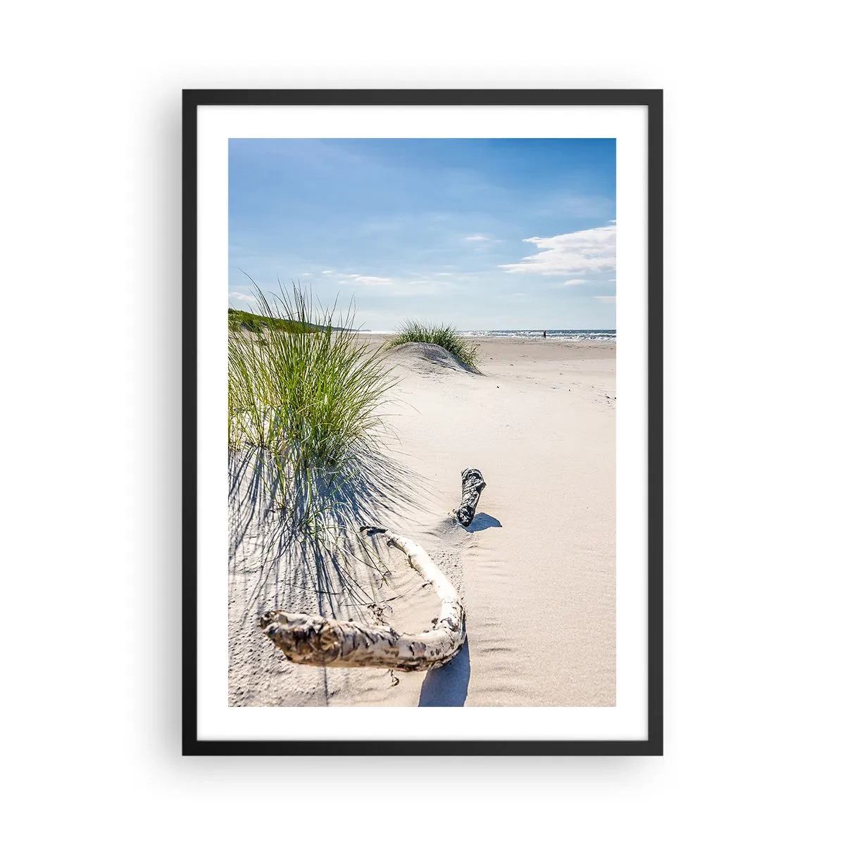 Plagát v čiernom ráme - Pláž s dunami, trávou a konármi na slnku - 50x70cm - Najkrajšia? Baltská - Moderná nástenná dekorácia do obývacej izby a spálne ARTTOR