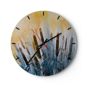 Nástenné hodiny - Maľované trstiny v teplých farbách západu slnka - 30x30cm - Chlad vody, žiara slnka - Moderná nástenná dekorácia do obývacej izby, kuchyne a spálne ARTTOR