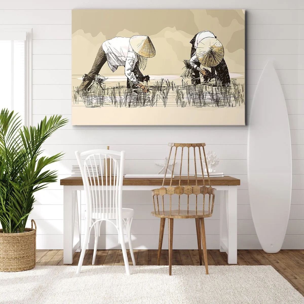 Obraz na plátne - Farmári pracujúci na ryžovom poli s tradičnou pokrývkou hlavy - 70x50cm - Úspešný zber - Moderná nástenná dekorácia do obývacej izby a spálne ARTTOR