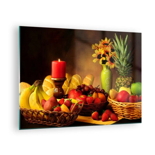 Obraz na skle - Kompozícia ovocia, chleba a sviečky v rustikálnom štýle - 70x50cm - Zátišie s pečivom a ovocím - Moderná nástenná dekorácia do obývacej izby a spálne ARTTOR